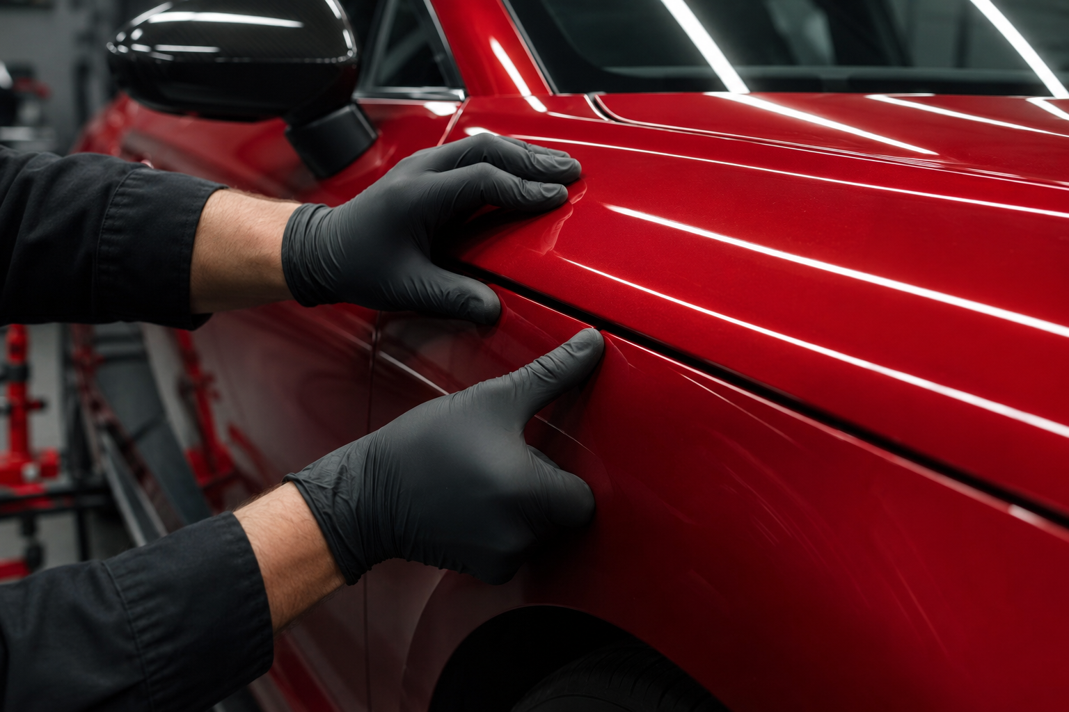 Technician aligning a metallic red body panel